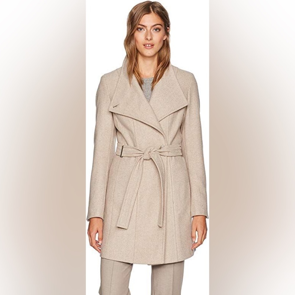 Calvin Klein Beige Wool Blend Belted Wrap Trench Coat Small